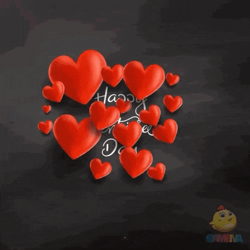 a chalkboard with red hearts and the words happy valentines day