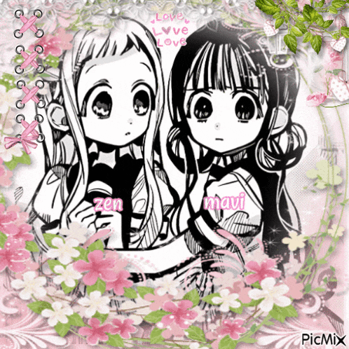 a black and white drawing of two girls with the name zen and mavi