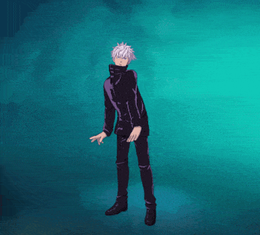a cartoon character with white hair and black pants is dancing in front of a blue background