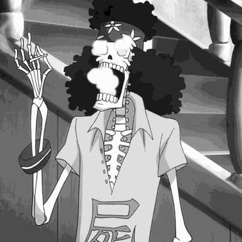 a black and white drawing of a skeleton with a flower on his head