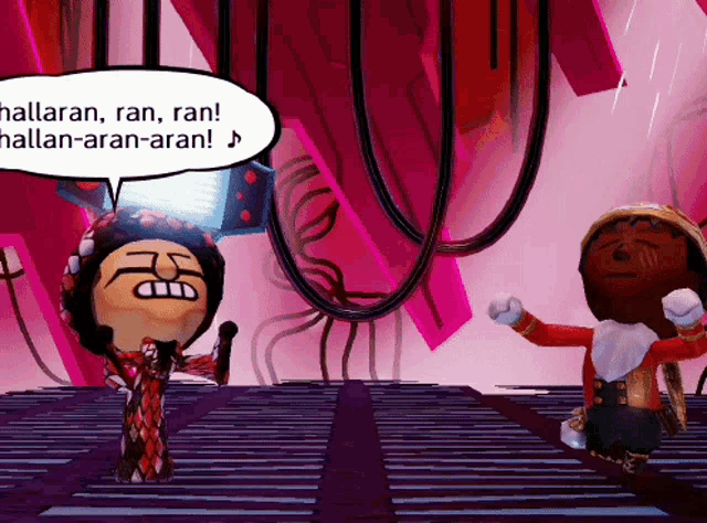 a cartoon character with a speech bubble saying hallaran ran ran hallan-aran-aran