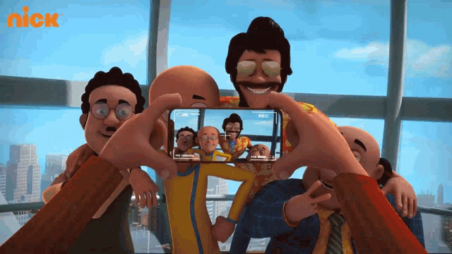 a group of cartoon characters are taking a picture with a nick logo in the corner