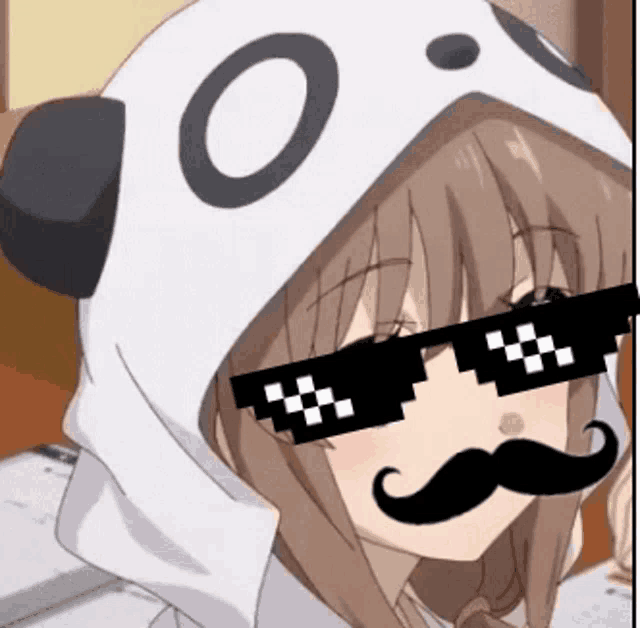a girl wearing a panda hoodie and sunglasses has a mustache