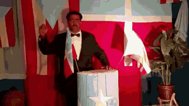 a man in a tuxedo and bow tie stands at a podium with a blue star on it