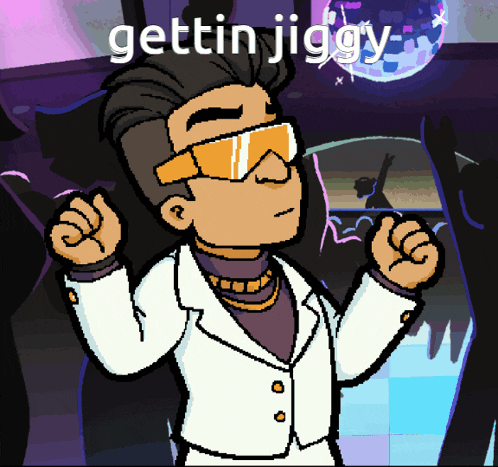 a cartoon of a man wearing sunglasses and a white suit with the words gettin jiggy above him