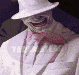 a man in a white suit and top hat is laughing with a watermark that says yamayuki