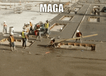 a group of construction workers are working on a concrete floor with the word maga written on the bottom
