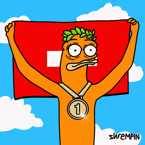 a cartoon of a man holding a swiss flag and wearing a medal with the number one on it