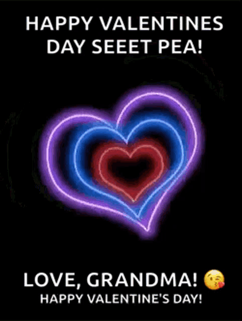 a valentine 's day card with neon hearts and the words `` happy valentine 's day seeet pea ''