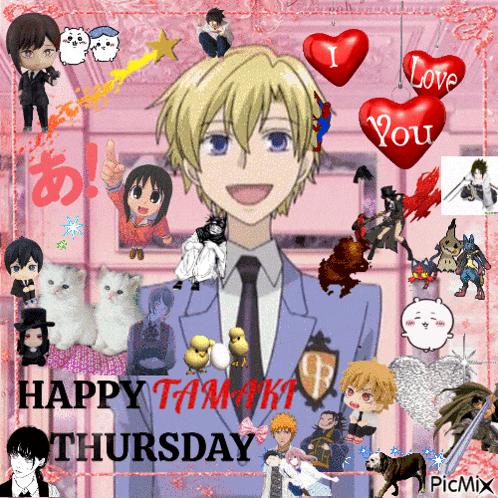 a happy thursday greeting card with anime characters and hearts