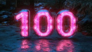 the number 100 is glowing in pink and blue