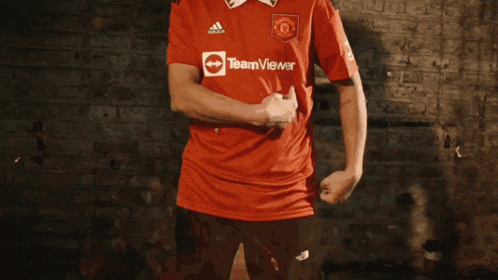 a man in a red teamviewer shirt stands in front of a fire