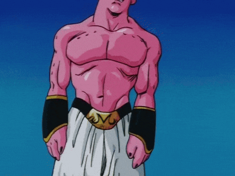 a cartoon character without a shirt is standing in front of a blue background .