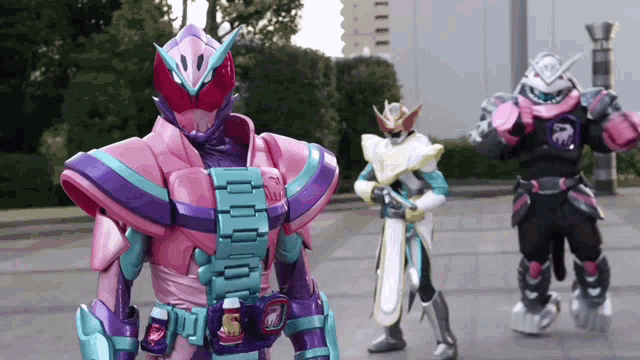 a pink and purple superhero is standing next to another superhero