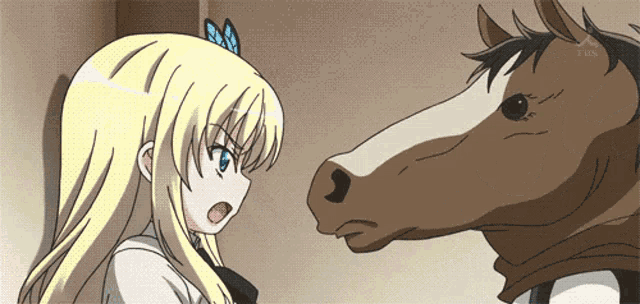 a girl with a butterfly on her head stands next to a brown horse