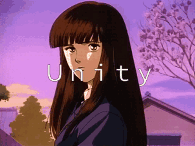 a girl with long hair is standing in front of a purple sky with the word unity written above her