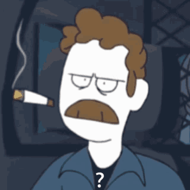 a cartoon character with a question mark on his shirt