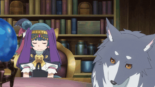 a girl and a wolf are sitting at a table in front of a bookshelf
