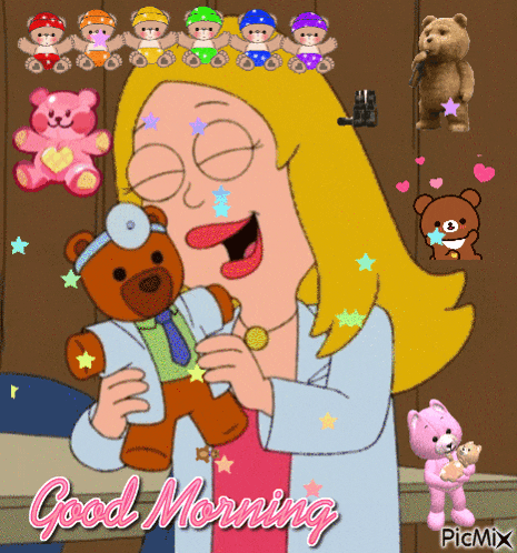 a cartoon of a woman holding a teddy bear with the words " good morning " on the bottom