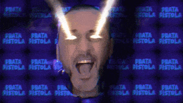 a man with his mouth open is surrounded by prata pistola written on a purple background