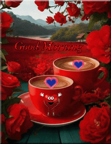 two cups of coffee on a saucer with the words good morning on it