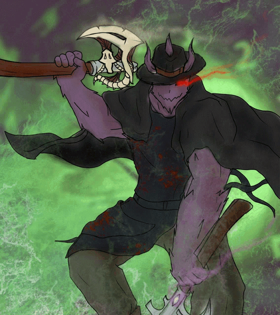 a drawing of a monster holding a large axe with a skull on it