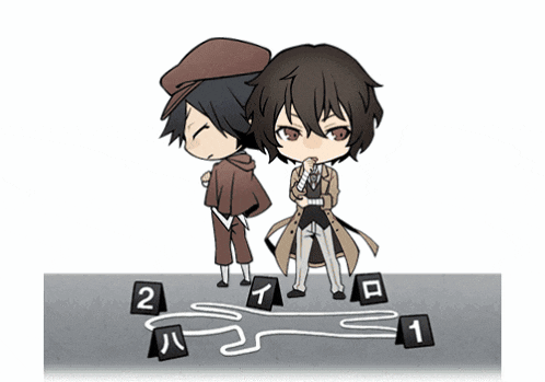 a couple of cartoon characters standing next to each other with numbers 2 and 1 on the ground