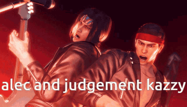 two men are standing next to each other with the words " dec and judgement kazzy " written on the bottom