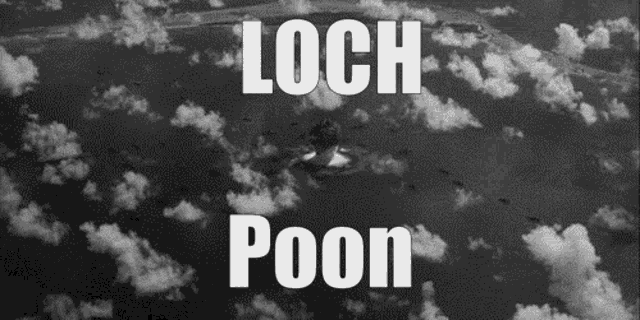 an aerial view of a small island in the middle of the ocean with the words loch poon written on it .
