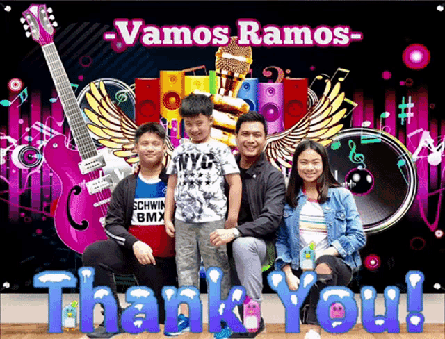 a family posing for a picture with a thank you message