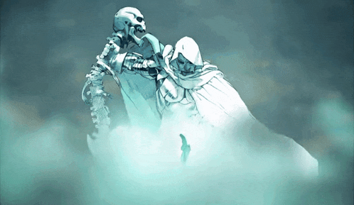 a drawing of a skeleton and a man in a hood