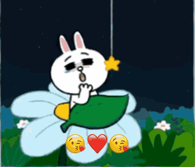 a cartoon bunny is sitting on a flower with two kissing emojis on it