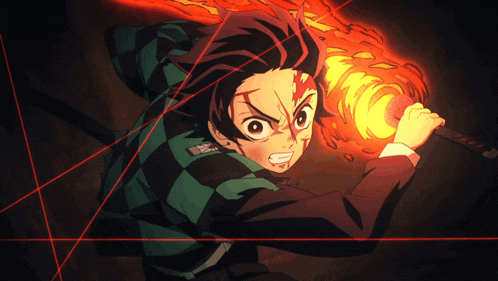 a boy in a plaid shirt is holding a torch and a sword