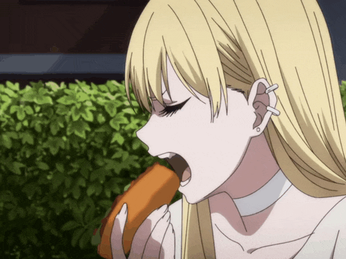 a blonde anime girl with a choker on her neck is eating a hot dog