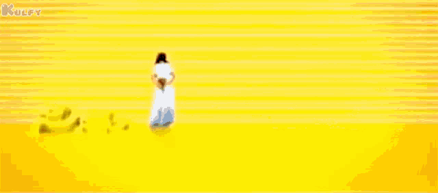 a woman in a white dress is standing in front of a yellow background with a foreign language written on it