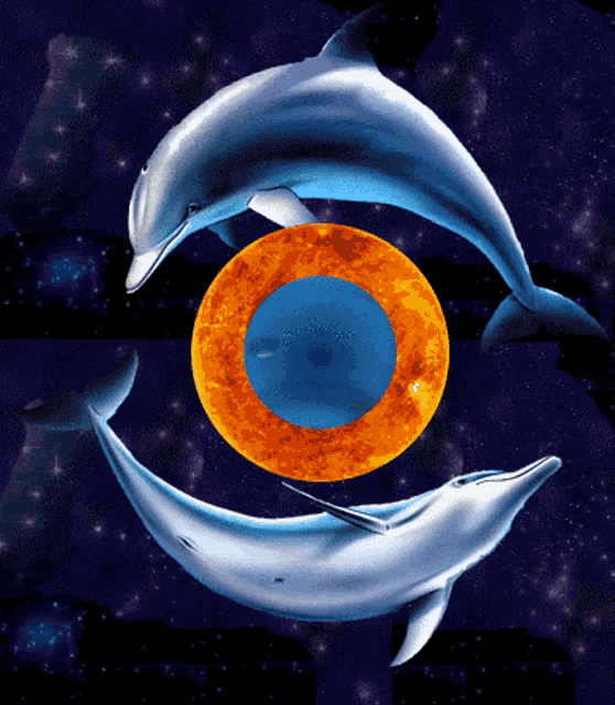 two dolphins are swimming around a circle with the sun in the middle