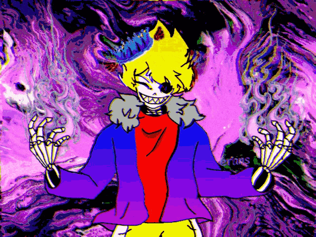 a drawing of a skeleton wearing a crown and a blue jacket