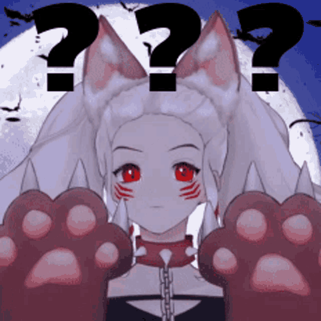 a girl with cat ears and paws has a question mark above her