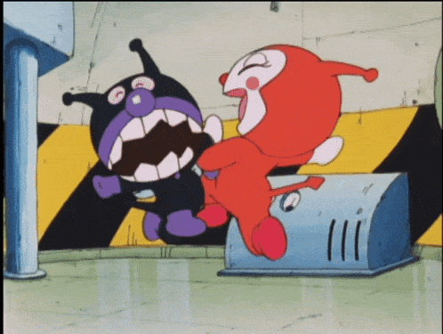 a black and purple cartoon character standing next to a red one