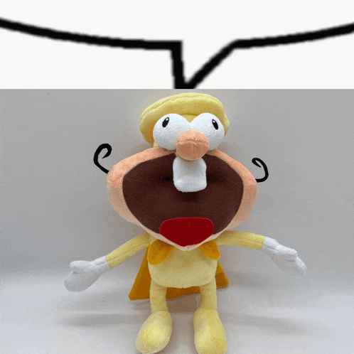 a stuffed animal with a big mouth and a speech bubble behind it