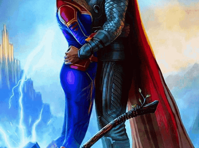 a painting of a man in armor hugging a woman in a blue suit