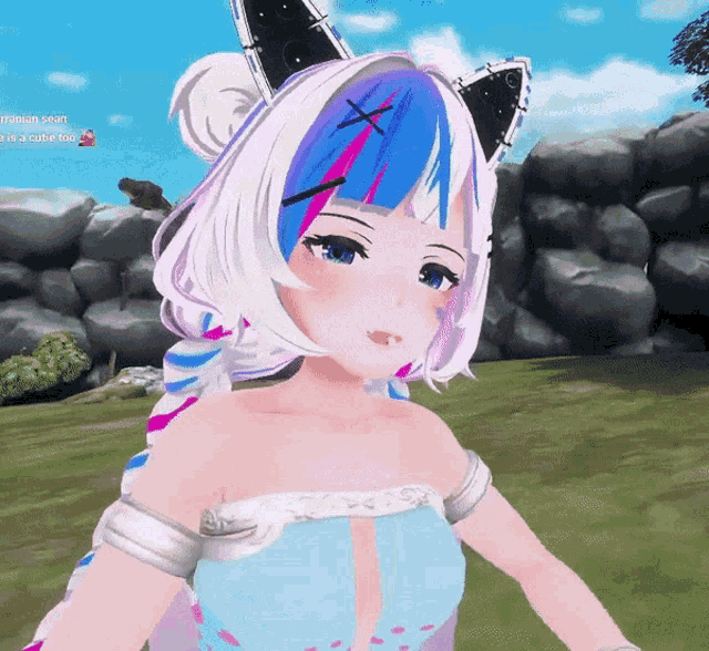a girl with a cat ear on her head is standing in a field with a message that says " princess star "