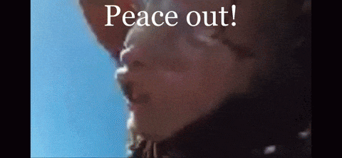 a close up of a person 's face with the words " peace out " above it