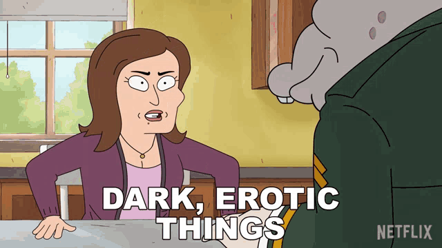 a cartoon of a woman talking to a hippo and the words dark erotic things