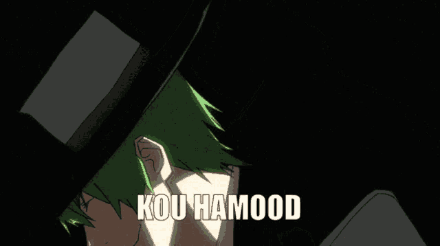 a man with green hair is wearing a black hat and a white shirt with the words kou hamood written on it