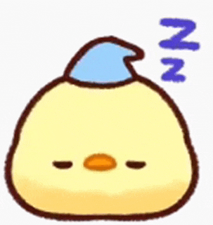 a yellow chicken is sleeping with a blue hat on its head .