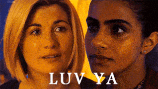 a close up of two women 's faces with the words luv ya on the bottom