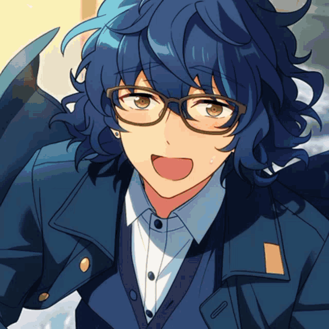 a boy with blue hair and glasses is wearing a blue jacket and white shirt