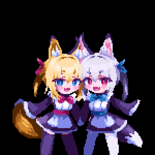 a pixel art of two anime girls with fox ears standing next to each other