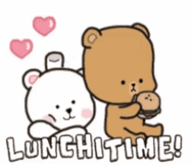 two teddy bears are sitting next to each other and the words lunchtime are on the bottom